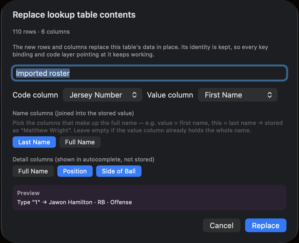 Replace lookup table contents — mapping CSV columns to codes and values
