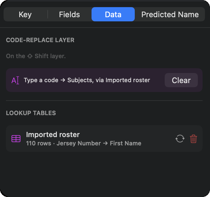The code-replace layer bound to an imported roster