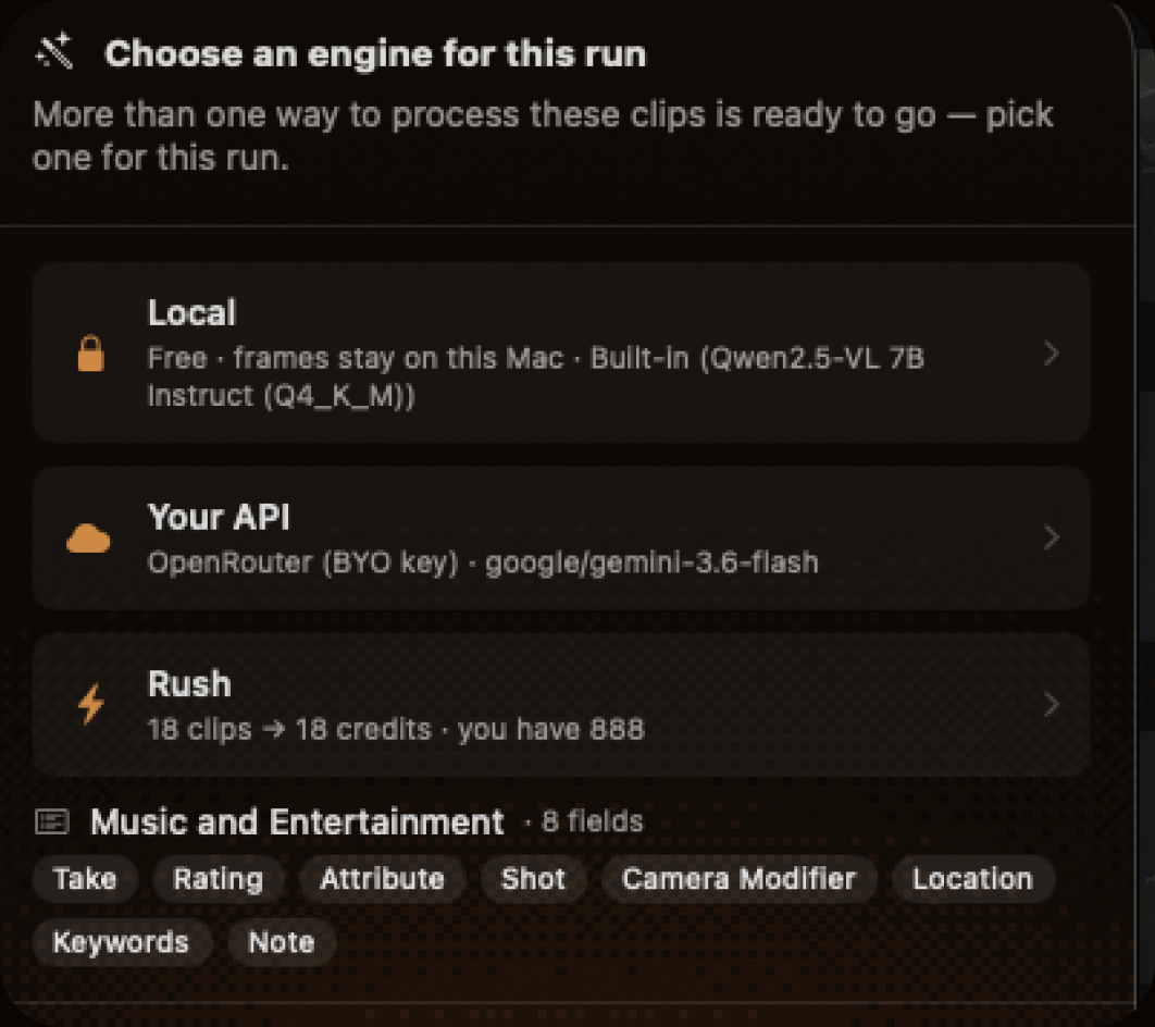 Choose an engine for this run — Local, Your API, or Rush