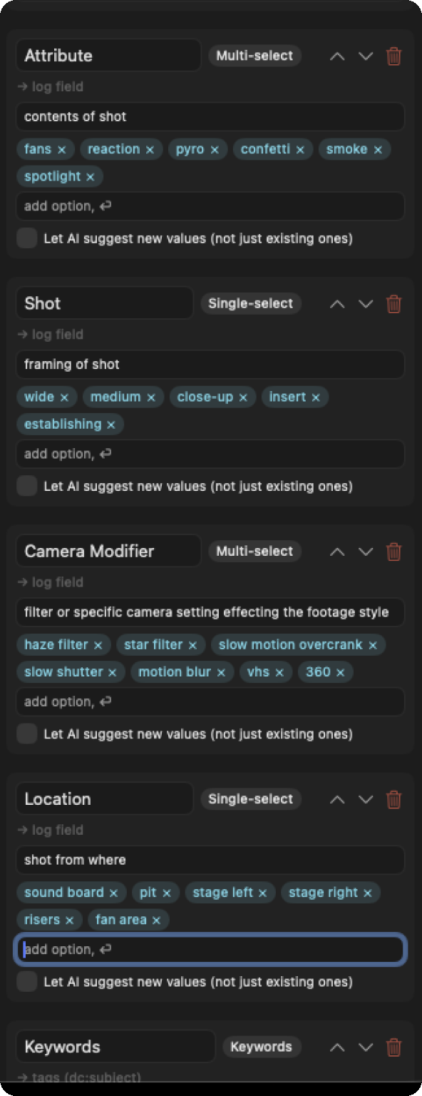 Fields with their types, options and metadata mappings