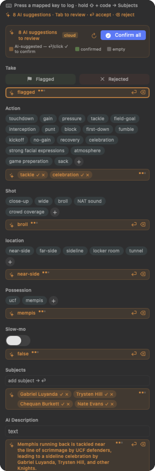 Every field with a suggested value — accept or reject