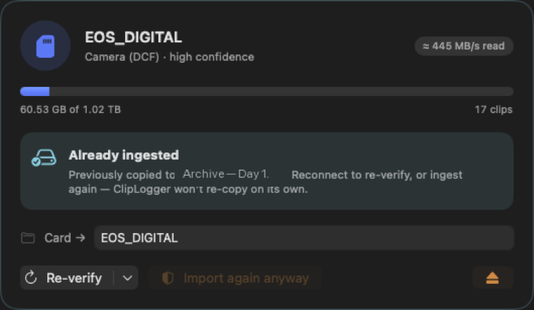 A card ClipLogger has already taken — it refuses to copy it twice