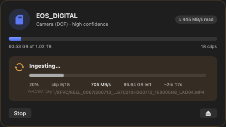 Ingest in progress at 705 MB/s, four copies in parallel