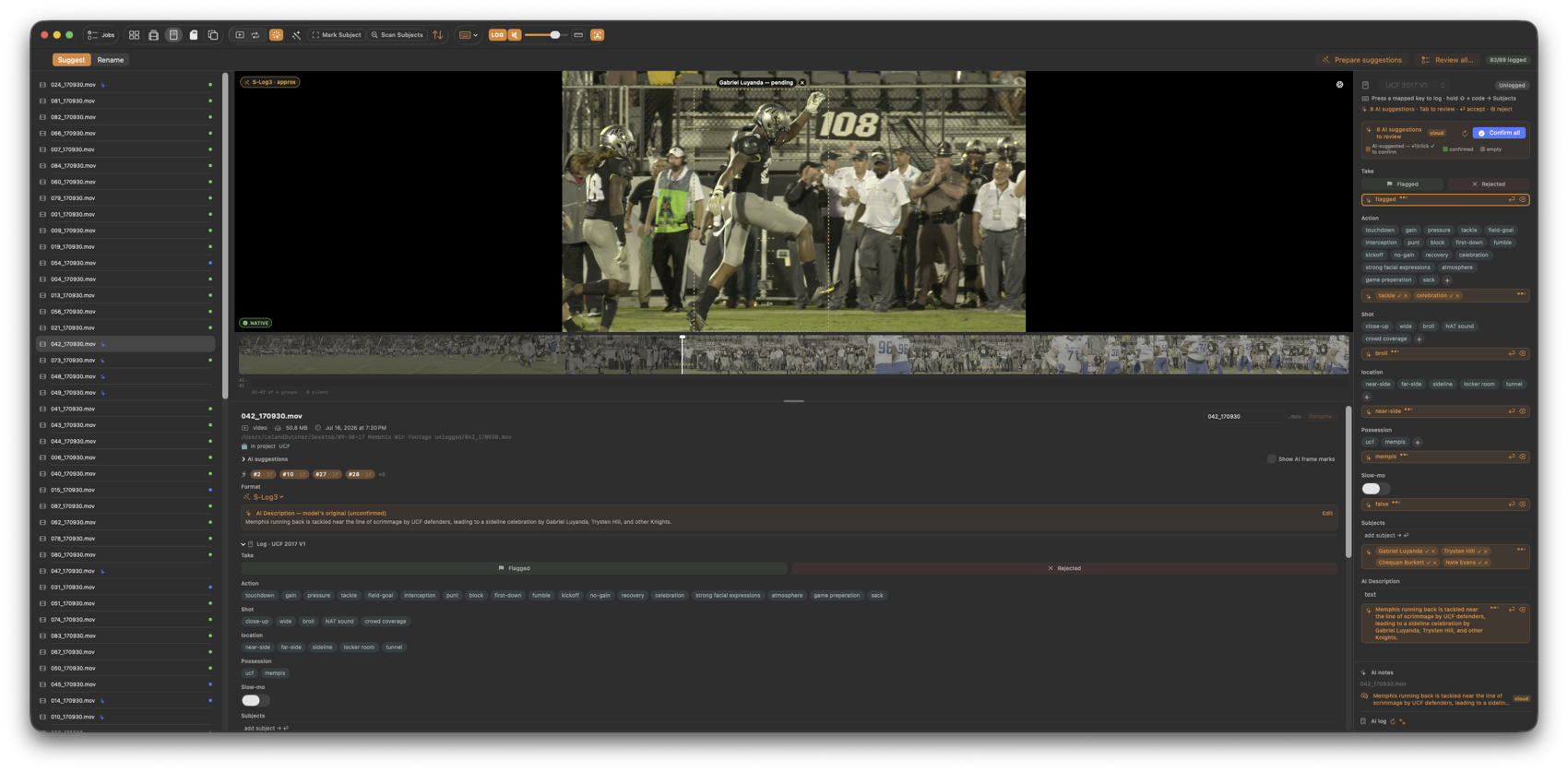 Logging view — one clip with its full log panel and AI suggestions