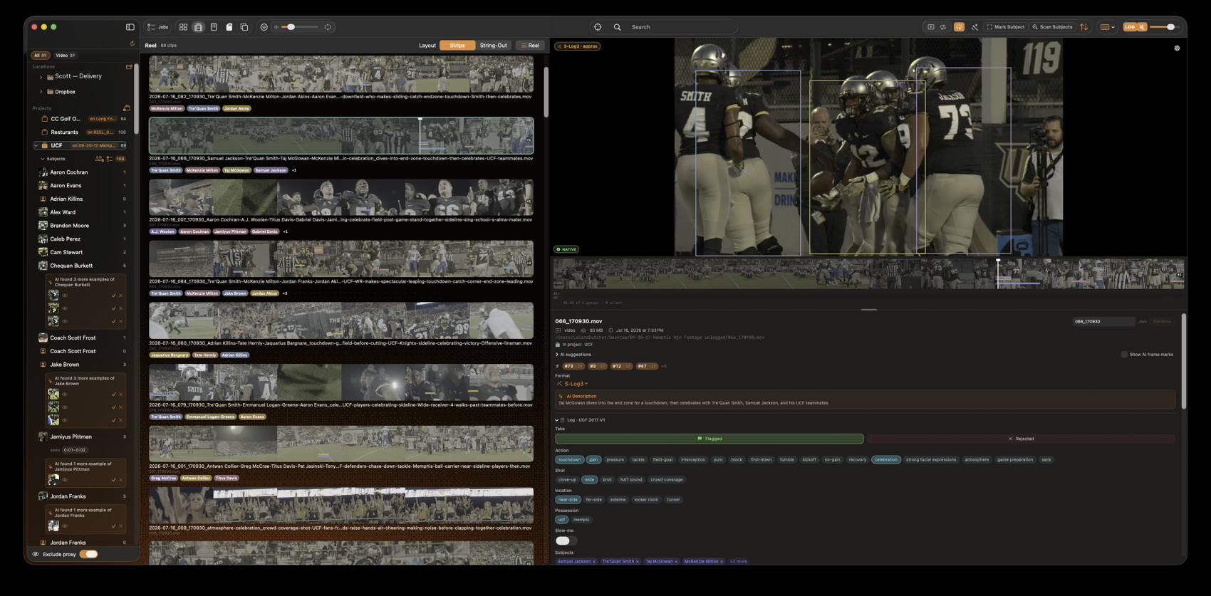 Reel view — every clip as a filmstrip with subject chips