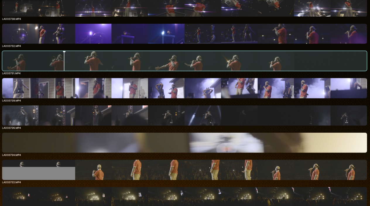 ClipLogger footage strips keep the surrounding shoot in view.