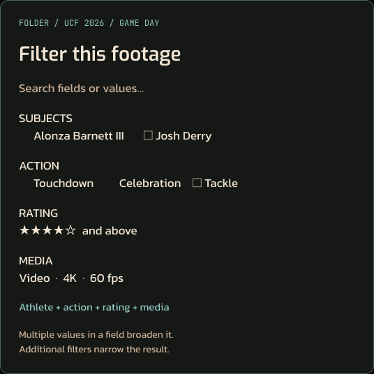 Illustrative directory filter picker, with editable example values in the v10 design.