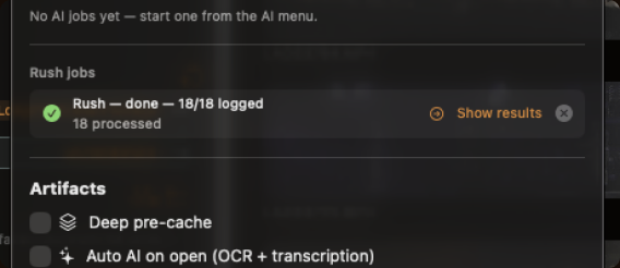 Rush interface capture from the website design; example job state.