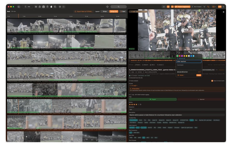 ClipLogger reel in String-Out view, with the review panel open and a named marker being added to a clip