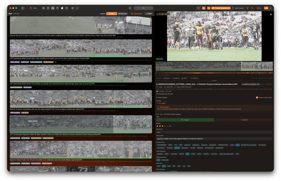 ClipLogger in Strips view: football clips renamed from their logs with player tags under each strip, and the logging panel for the selected clip
