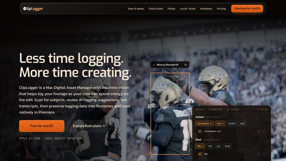 ClipLogger homepage: a subject box over a football player and the AI suggestion review panel