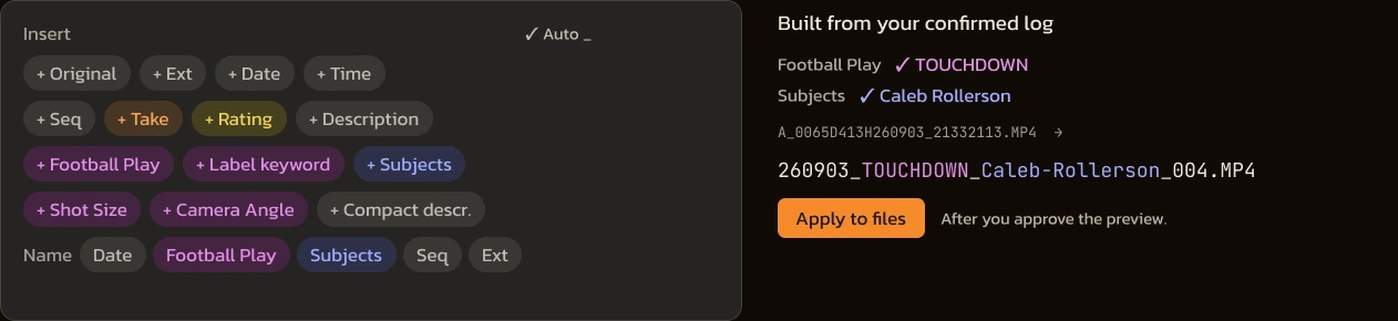 Filename builder · logged fields to disk